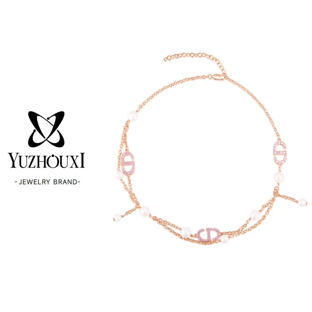 铜合金锆石项链  H4-080【粉金色流苏贝珠猪鼻子粉锆项链双层】