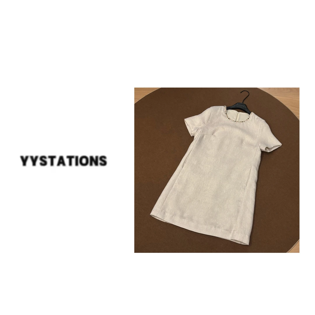 YYSTATIONS 法式金丝亚麻闪闪亮钉珠显瘦中长款连衣裙-8686