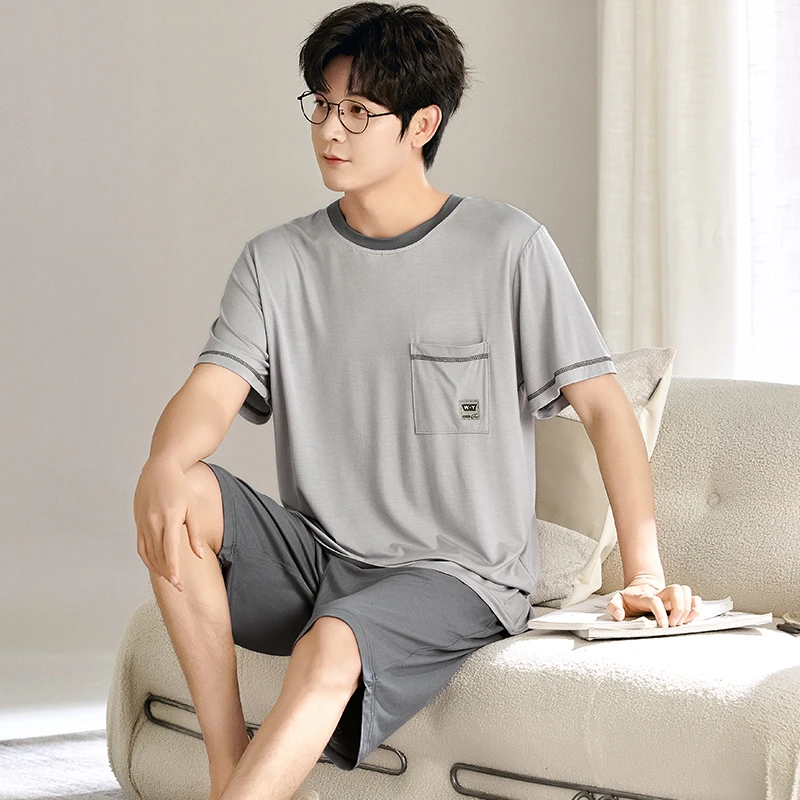 男士睡衣夏季短袖莫代尔冰丝薄款加大码休闲简约夏天男家居服套装