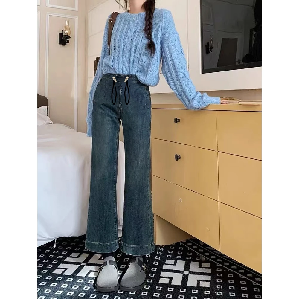 孕妇装裤子小个子春秋时尚高腰显瘦微喇裤外穿抽绳百搭牛仔九分裤