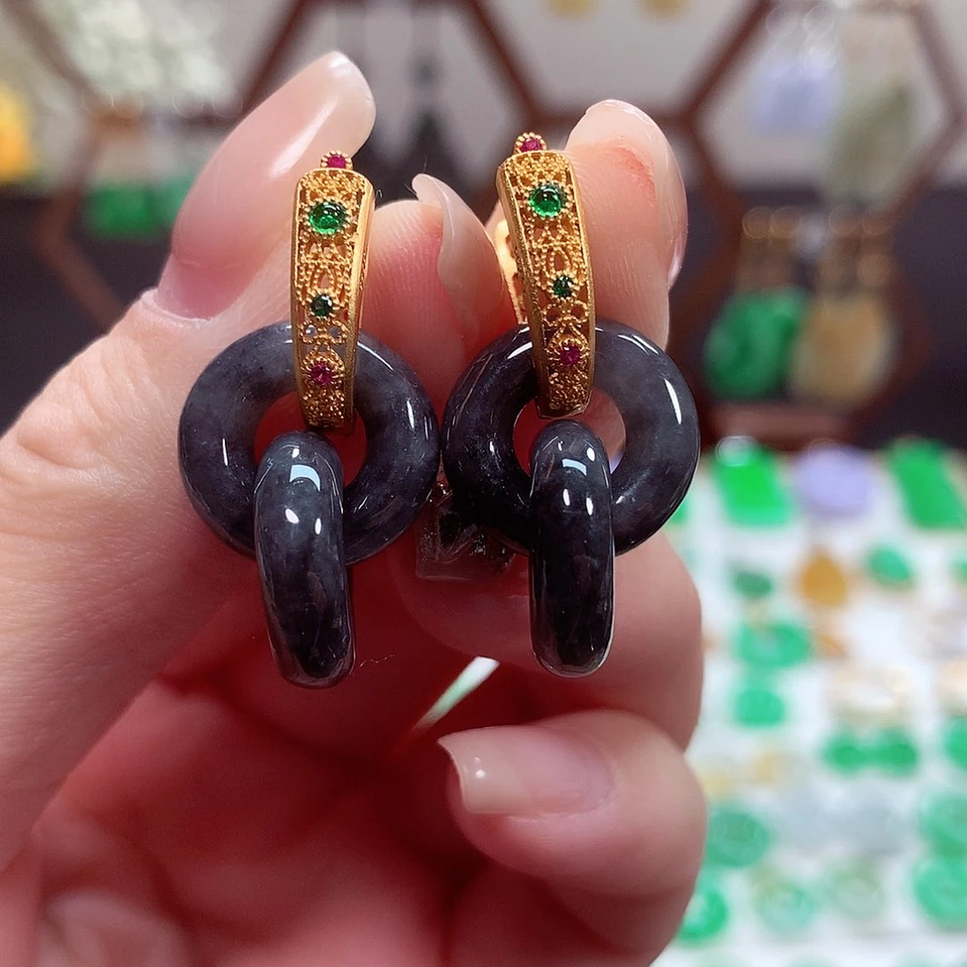 翡翠耳饰银S925镶嵌天然翡翠