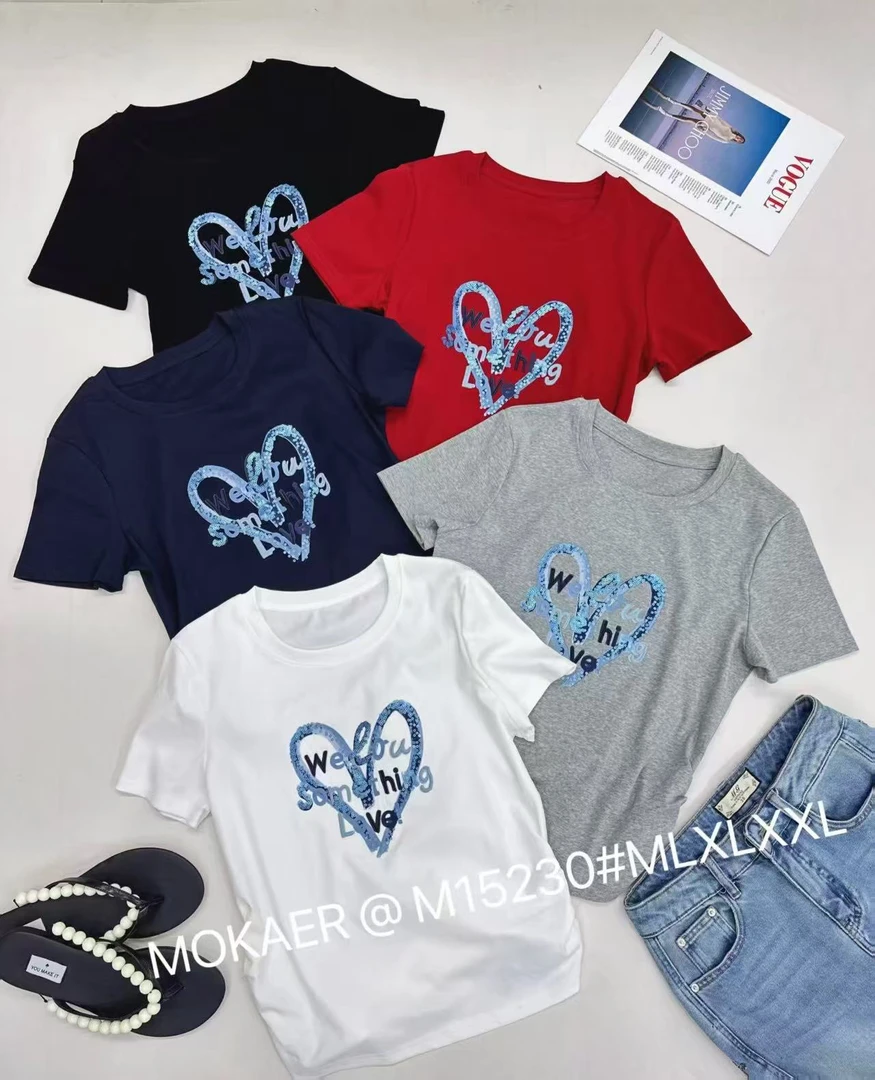 魔卡儿夏款刺绣珠片短袖上衣15230