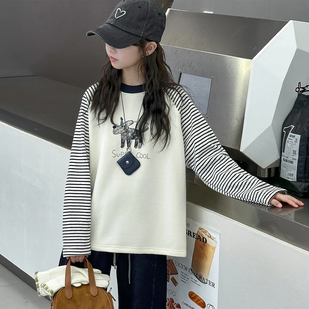 女大童加绒卫衣加厚一体绒打底衫洋气青少年初高中生内搭外穿绒衫