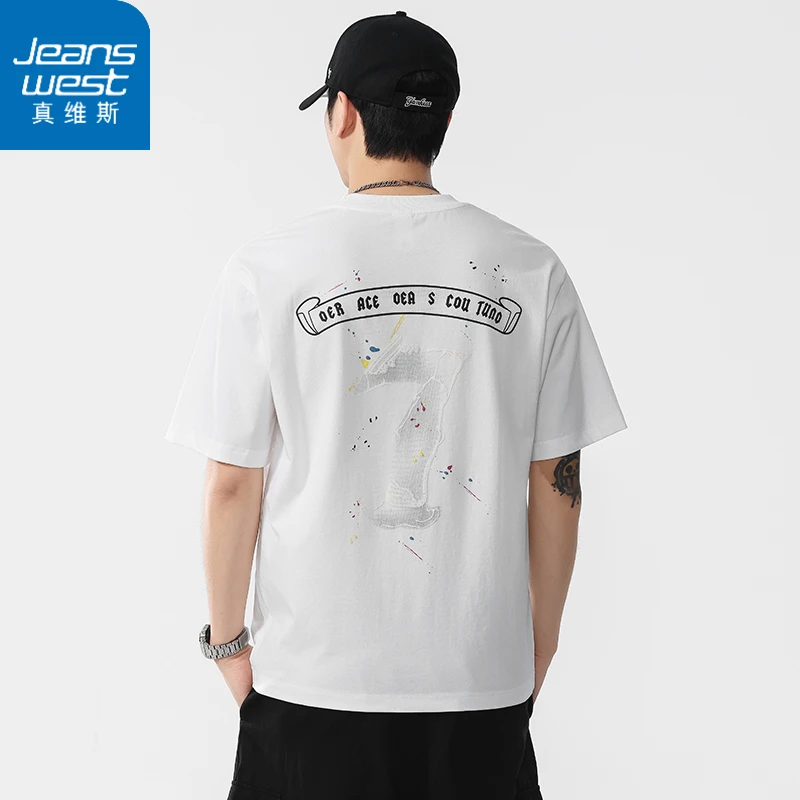 真维斯2025夏季新款男士短袖印花大图案潮牌T恤时尚透气品质上衣