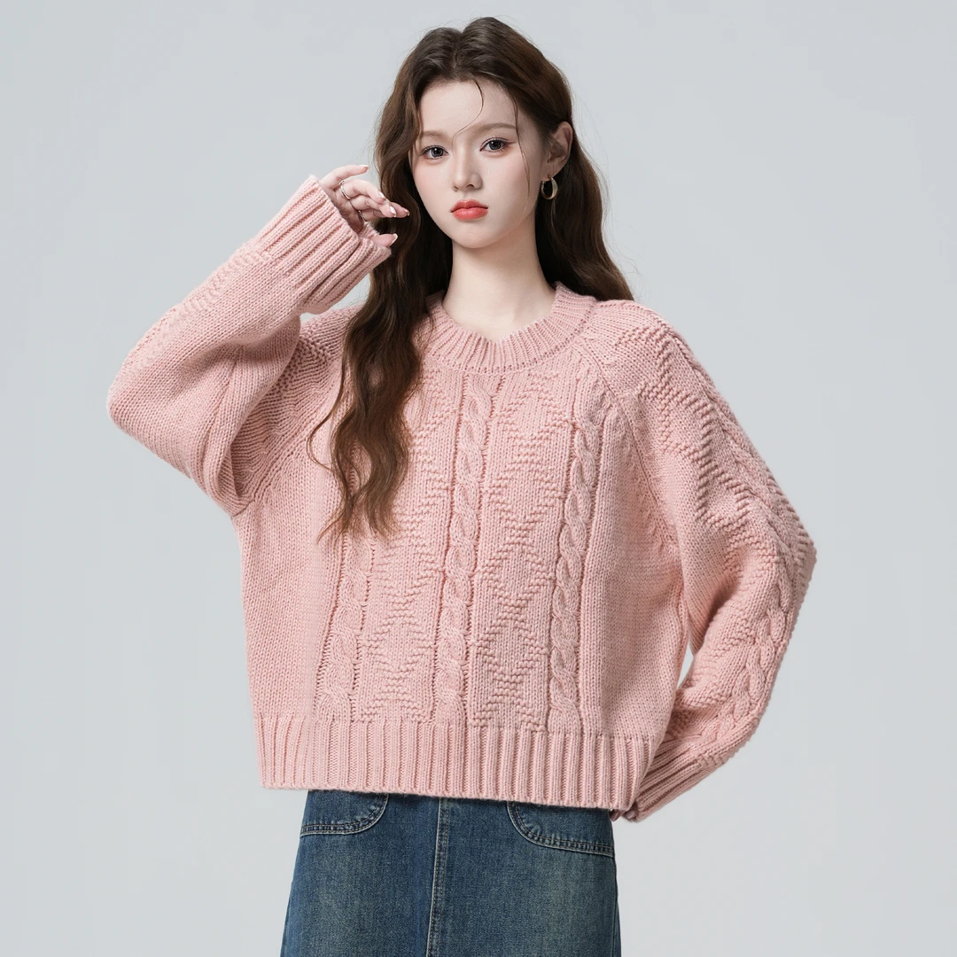 粉色圆领毛衣女秋冬2025秋季新款宽松加厚套头麻花针织衫短款上衣
