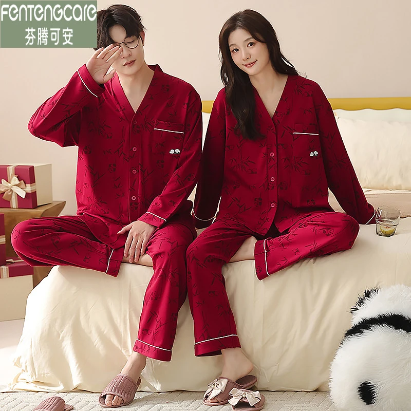 芬腾可安春秋款睡衣情侣装一男一女纯棉长袖红色V领家居服可外穿