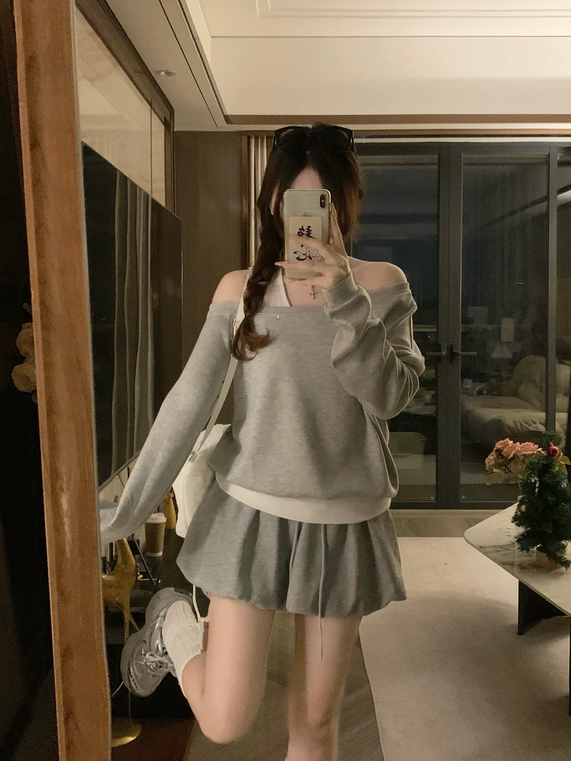 韩系慵懒风时尚套装2025秋季新款辣妹斜肩宽松假两件卫衣花苞短裙