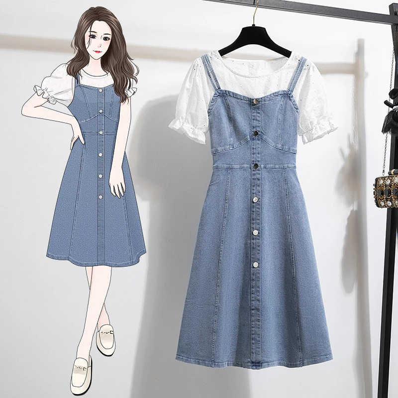 夏季新款大码假两件牛仔背带连衣裙女胖MM拼色宽松设计感连衣短裙
