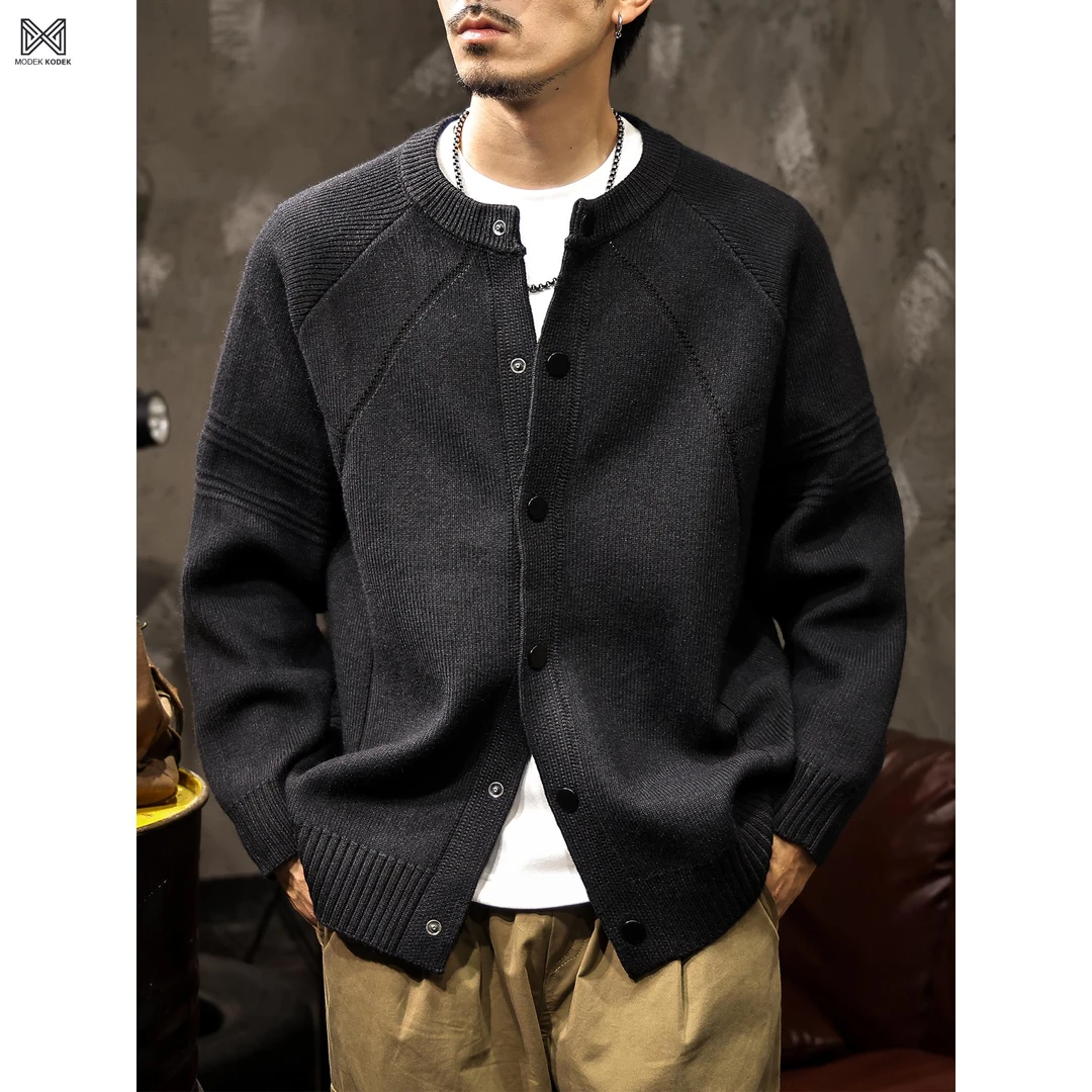 MODEK KODEK2025秋新款棒球领慵懒风针织开衫男潮流宽松休闲外套