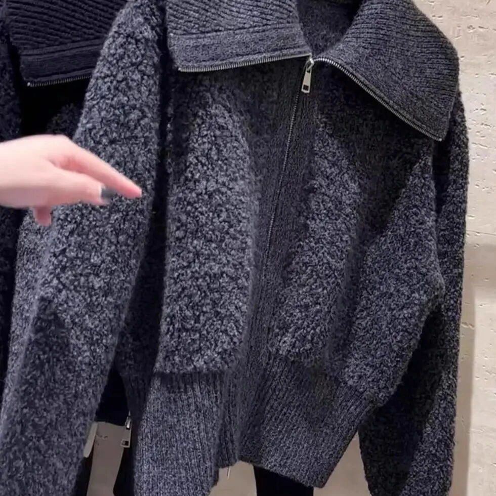 小乔家大翻领双拉链圈圈毛针织开衫外套秋冬新款