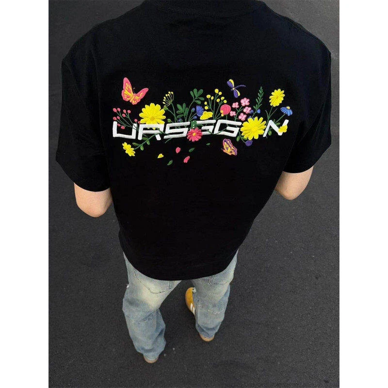 ursggon花卉万针刺绣t恤男款夏季重磅纯棉短袖正肩美式高街半截袖