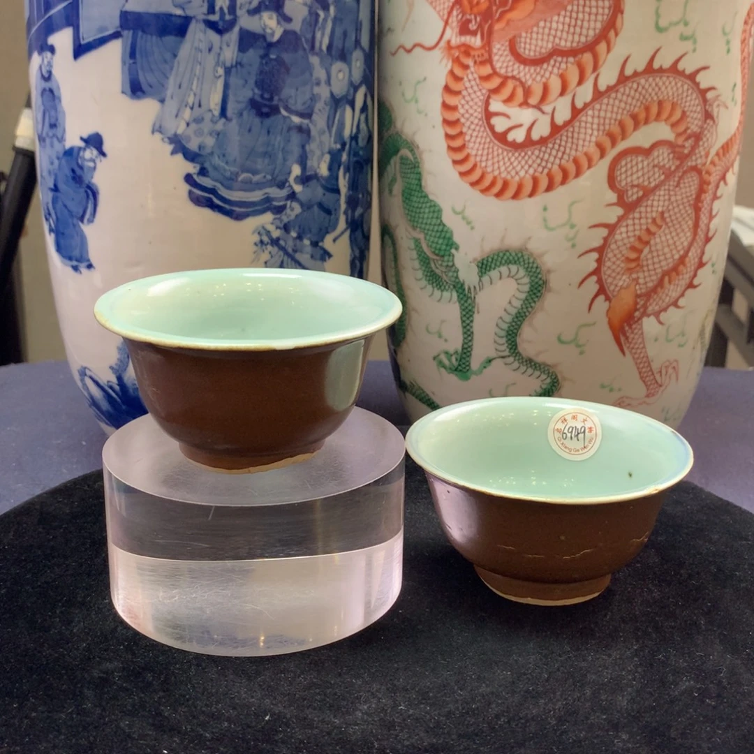 杯子6949瓷器—外紫金釉内青花杯一对