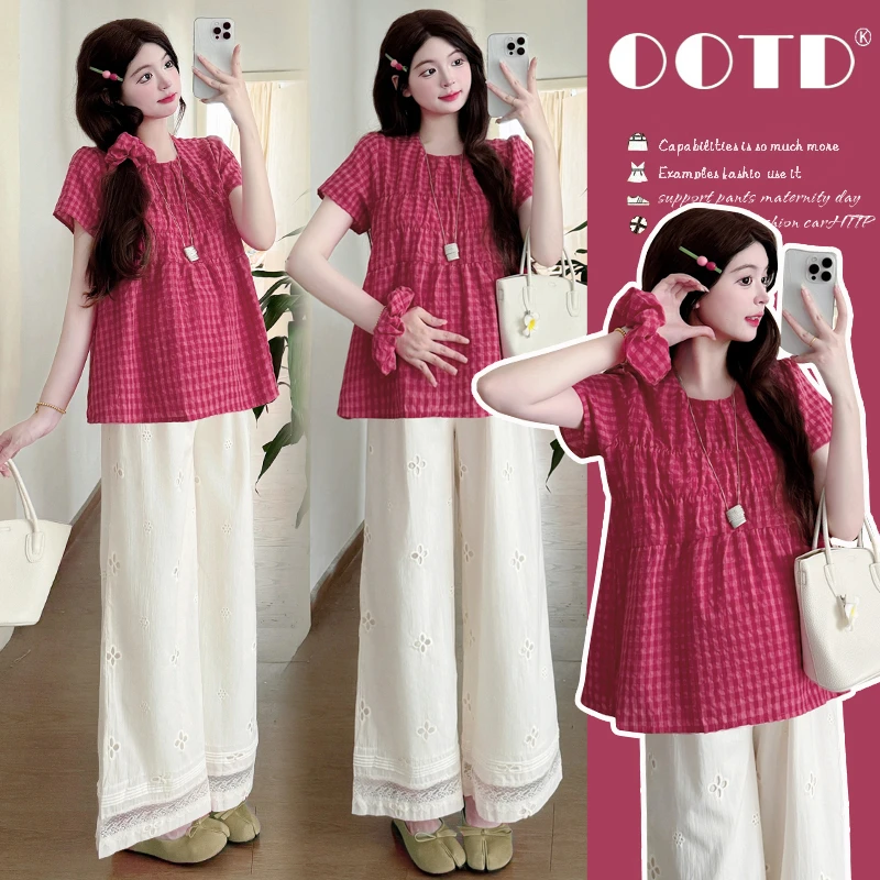 孕妇夏季时尚穿搭树莓红上衣大码显瘦洋气休闲外穿格子辣妈小个子