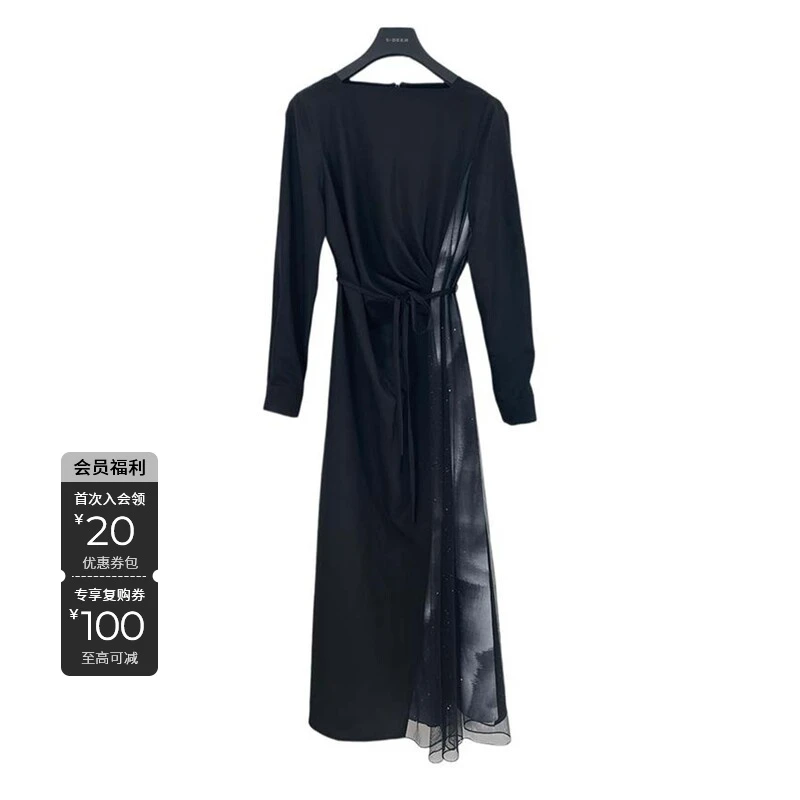 S·DEER圣迪奥圆领解构收腰网纱晕染长袖显瘦气质连衣裙S243Z1262