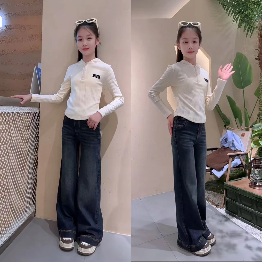 女童春秋款中大童连帽打底衫牛仔12-15岁初中女孩潮装秋季女装