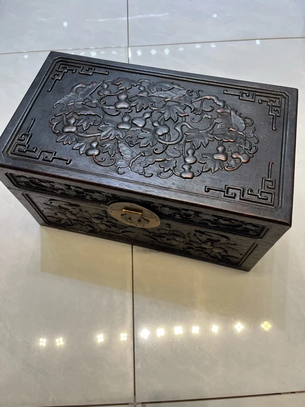 老物件紫檀福禄箱，雕刻葫芦收纳箱首饰箱，40*23*21