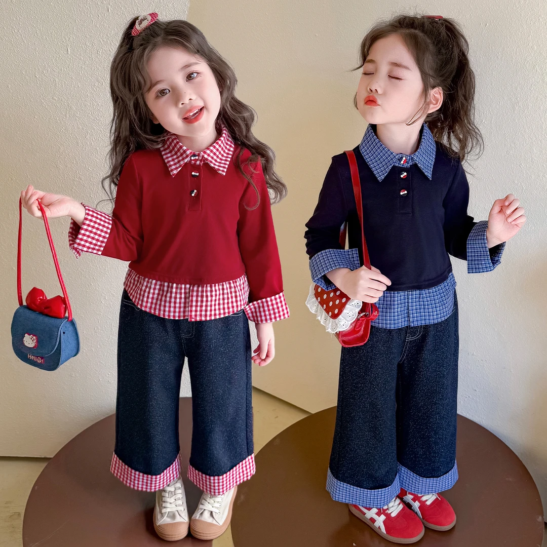 【撞色格子套装】女小童秋季新款韩系时尚格子拼接两件套