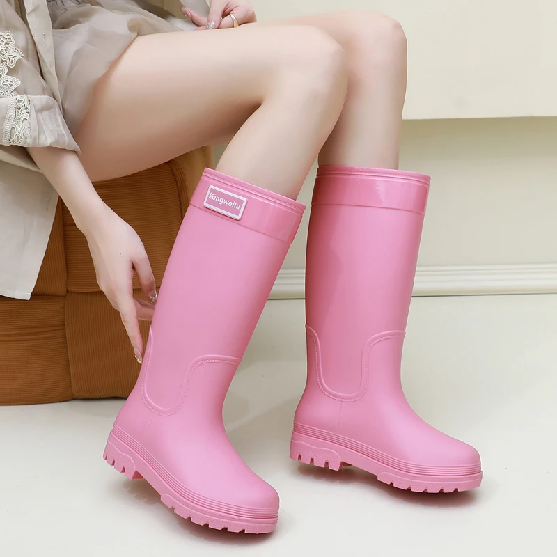 女款高筒防滑雨靴长筒防滑加绒保暖雨鞋防水鞋成人厚底胶鞋女时尚