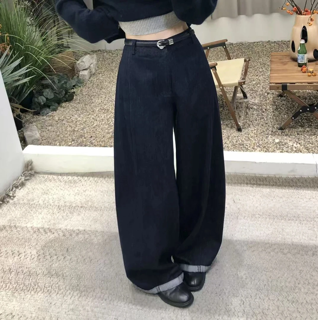 2025秋装韩系气质卷边牛仔裤韩版百搭显瘦直筒阔腿拖地裤