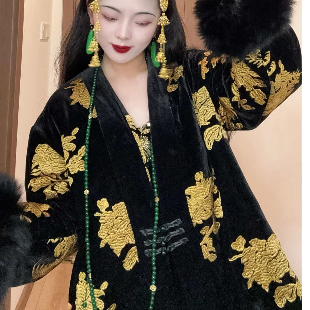 LHMknk1画报夫人原创自制刺绣丝绒 老钱风新中式棉服外套海棠醉日