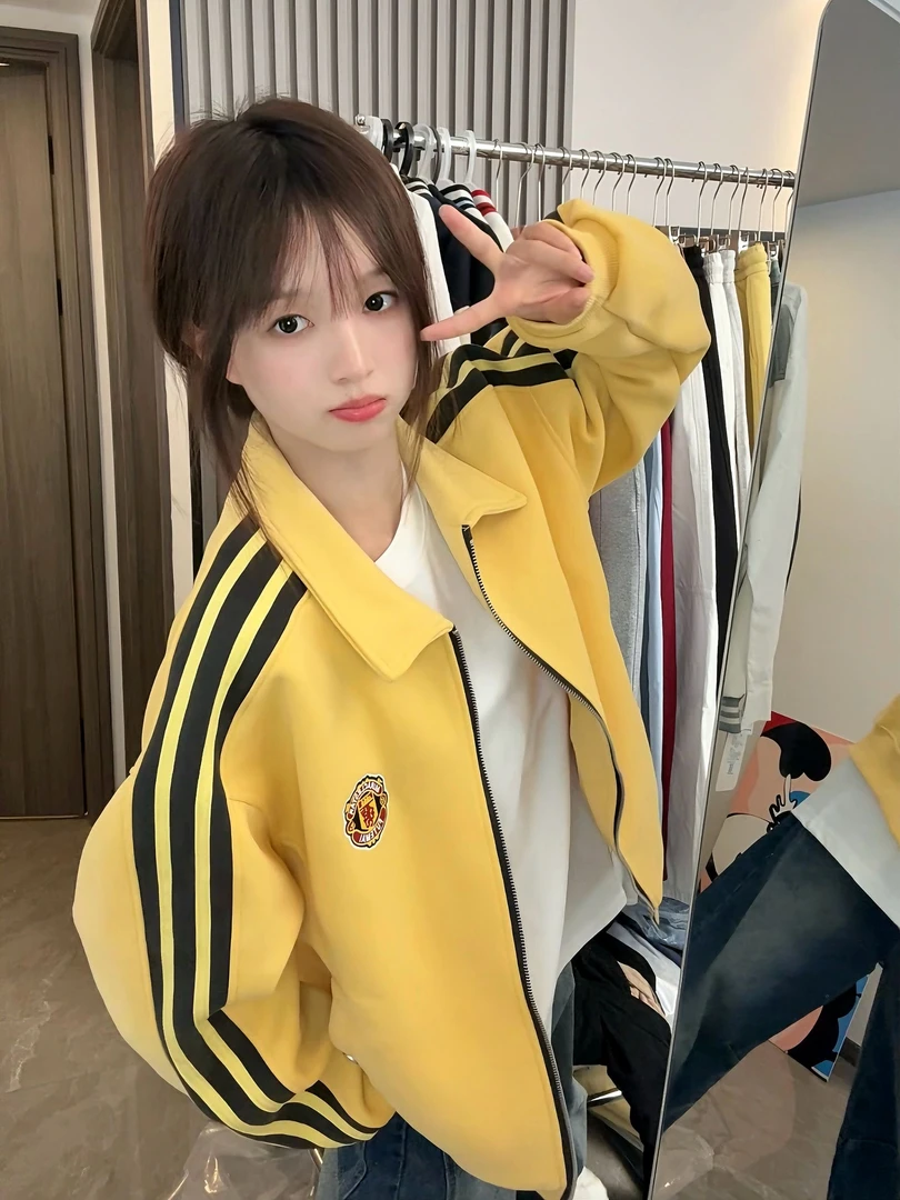 美式复古条纹三条杠刺绣开衫卫衣男女宽松运动慵懒风休闲夹克情侣