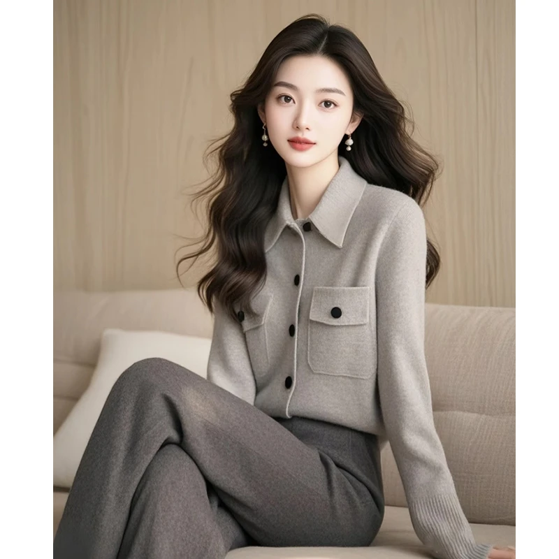 YS#韩系翻领毛衣开衫女冬季新款轻熟风针织外套时尚减龄DY11987