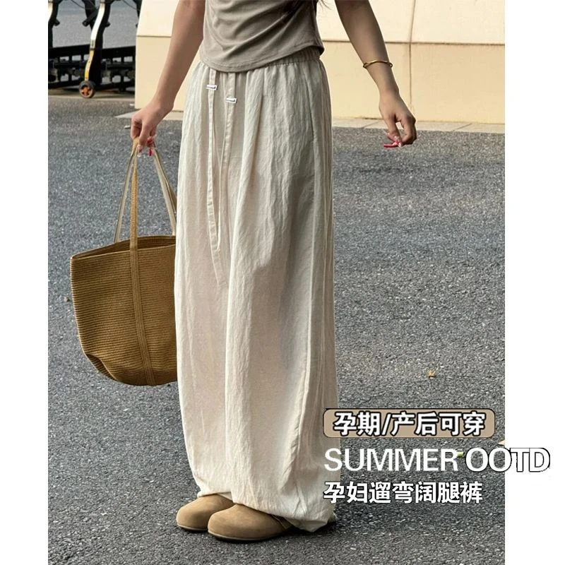 孕妇阔腿裤夏季薄款亚麻透气抽绳休闲凉凉裤2025新款外穿长裤子女