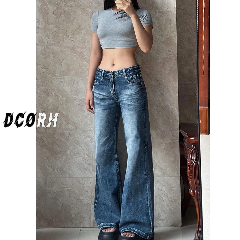 折痕设计水洗蓝色牛仔裤夏季新款薄款辣妹高腰显瘦直筒垂感拖地裤