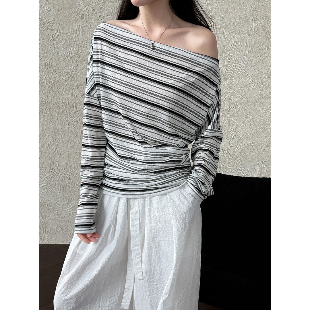 慵懒遮肉女T恤鹿西轻薄防晒长袖T恤女~韩系夏季收腰显瘦一字领斜