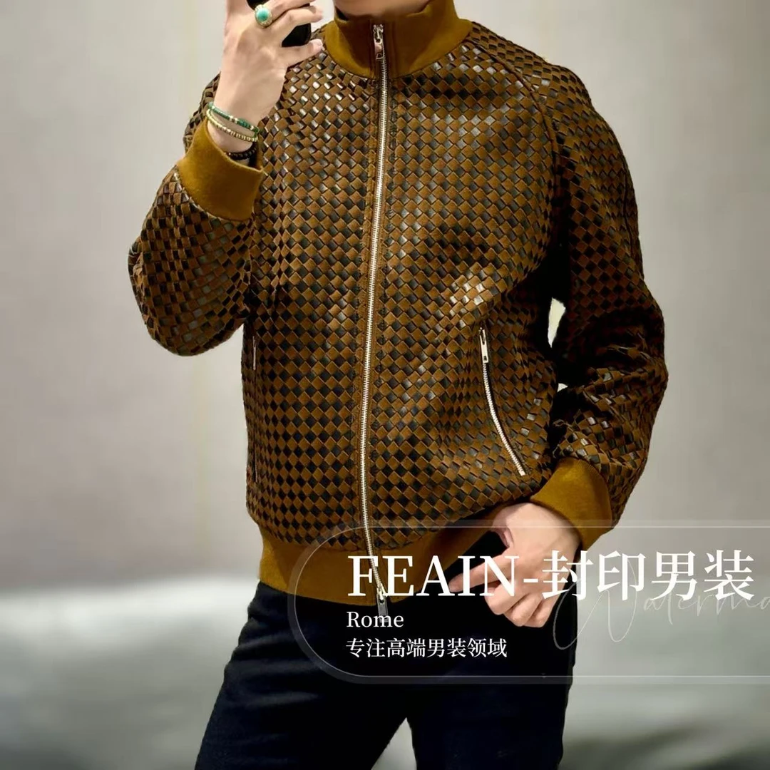 【真皮编织】高端男士全手工撞色编织立领夹克5086