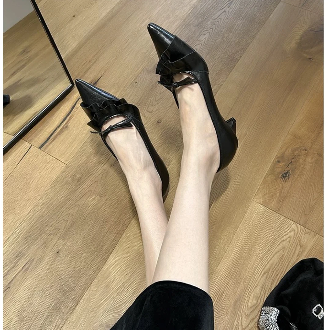 美奈小姐～仙女尖头荷叶边浅口女鞋一脚蹬小猫跟不累脚晚晚鞋7-57