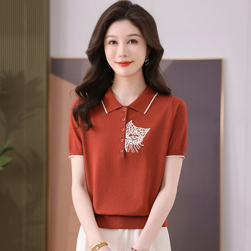 【莱赛尔】2025新款翻领短袖针织衫透气清凉简约薄款时尚百搭女上衣