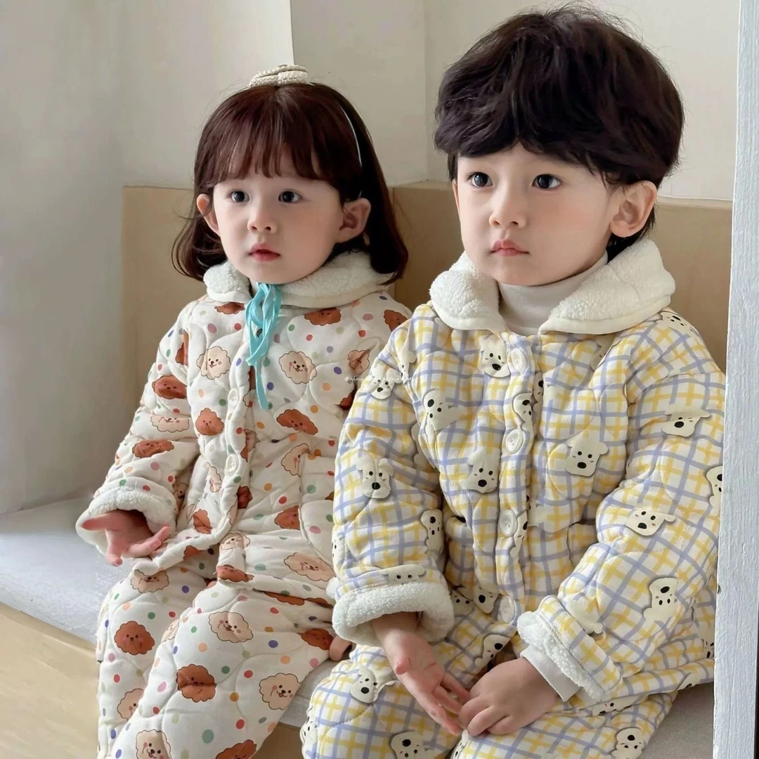 夹棉加厚儿童睡衣韩冬中小童三层夹棉加厚家居服宝宝加厚卡通睡衣