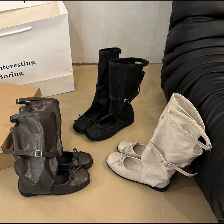 美拉德风靴子女2025新款夏季薄款蝴蝶结棕色芭蕾舞气质中筒凉短靴