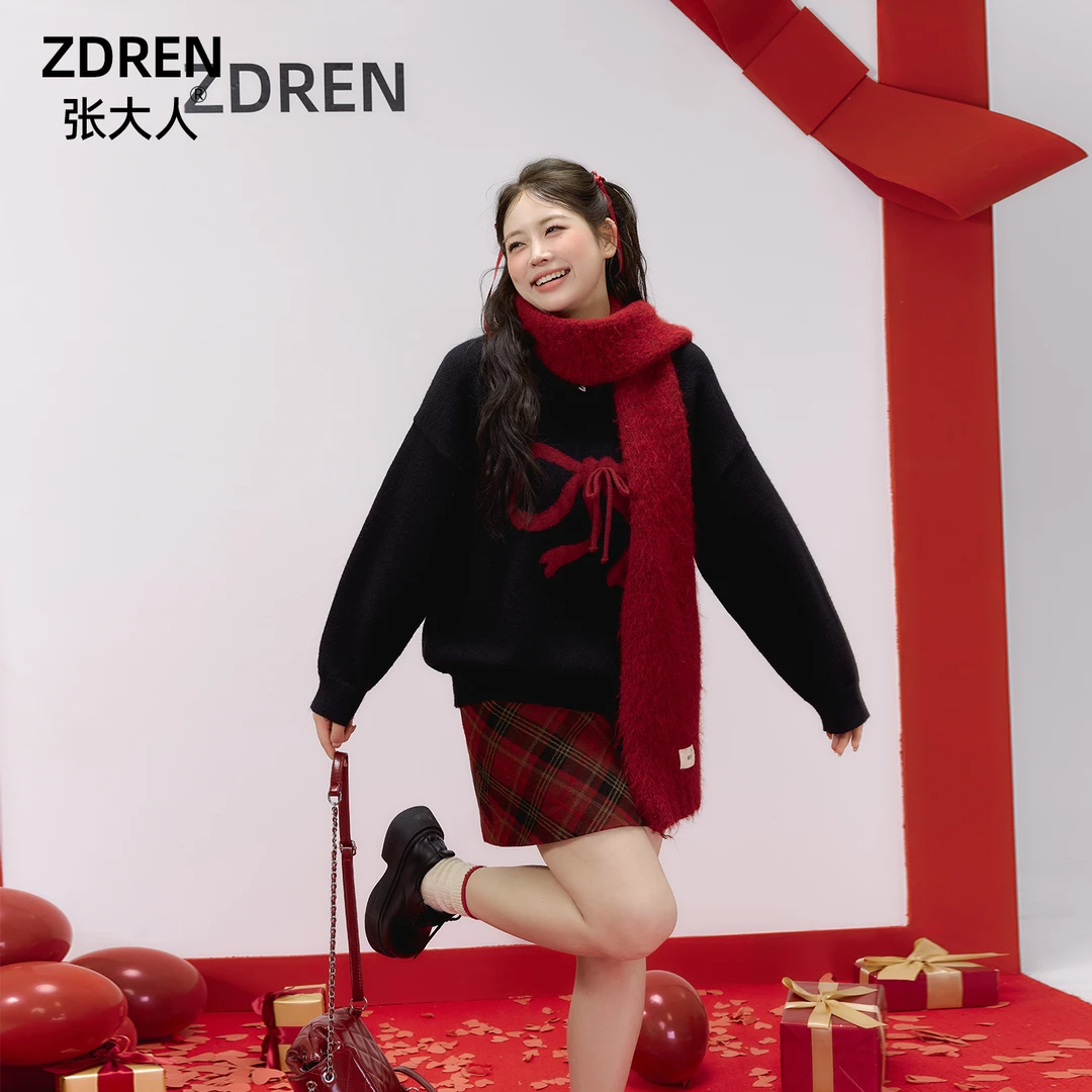张大人【芬兰故事】大码女装微胖妹妹复古蝴蝶结毛衣格纹半裙套装