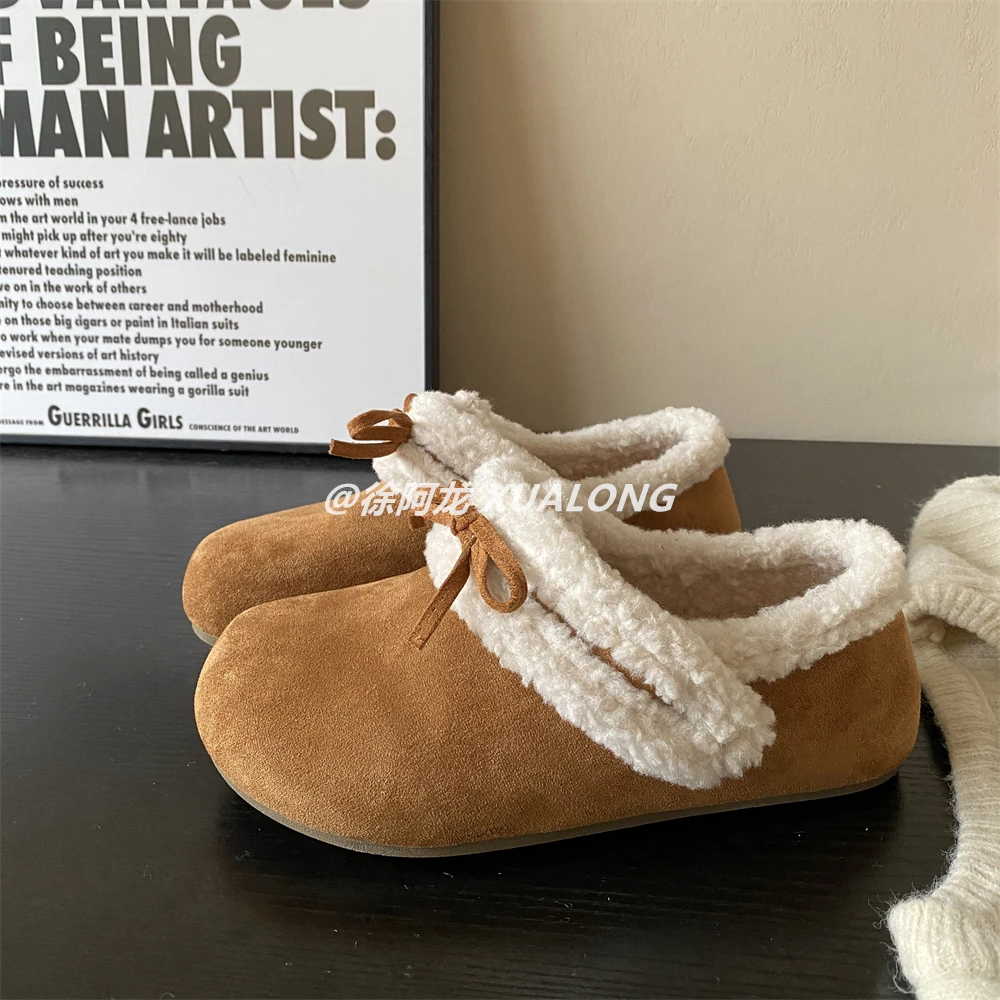 加绒内增高勃肯鞋女2025秋冬季新款保暖女鞋一脚蹬蝴蝶结毛毛棉鞋