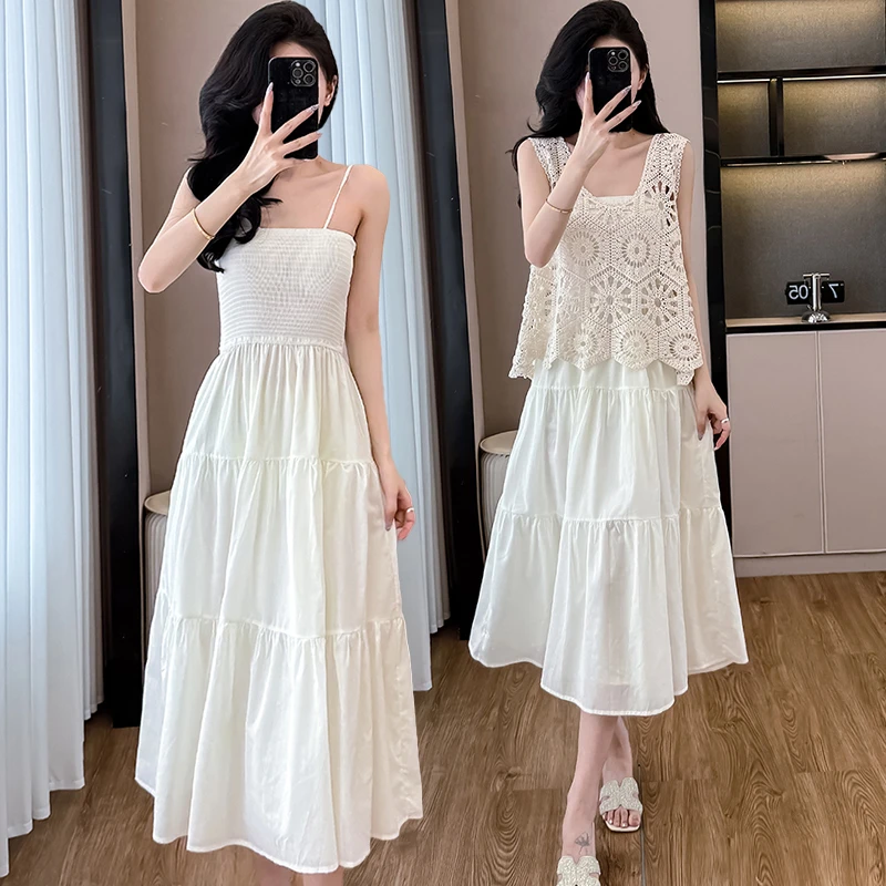 独特绝美套装裙女2025夏季新款针织镂空马甲背心吊带连衣裙两件套