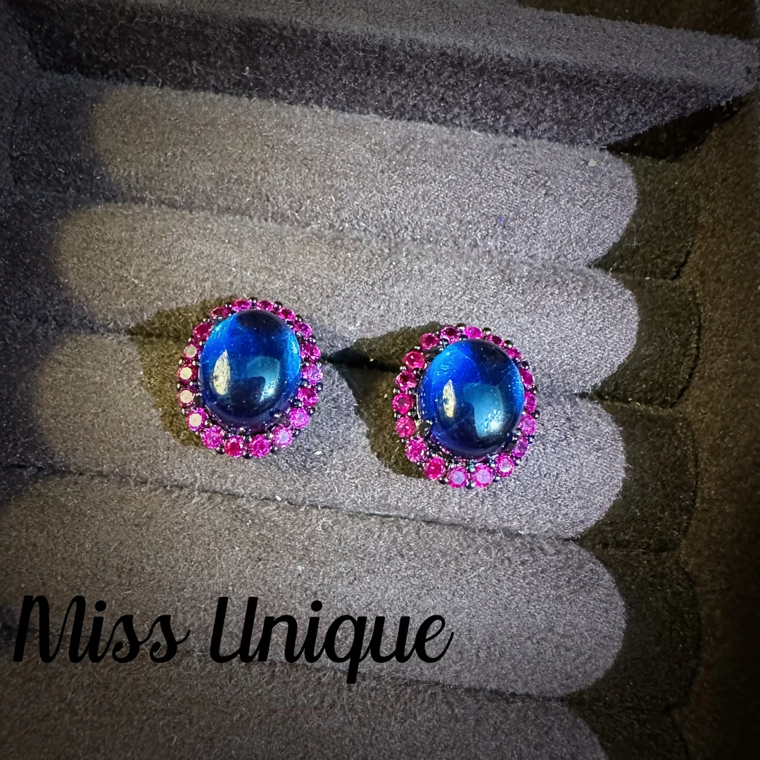 S6387玫红色蓝石石蛋面耳环