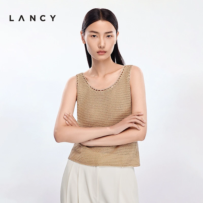 LANCY/朗姿2025夏新款气质简约镂空针织背心吊带女高级感无袖上衣