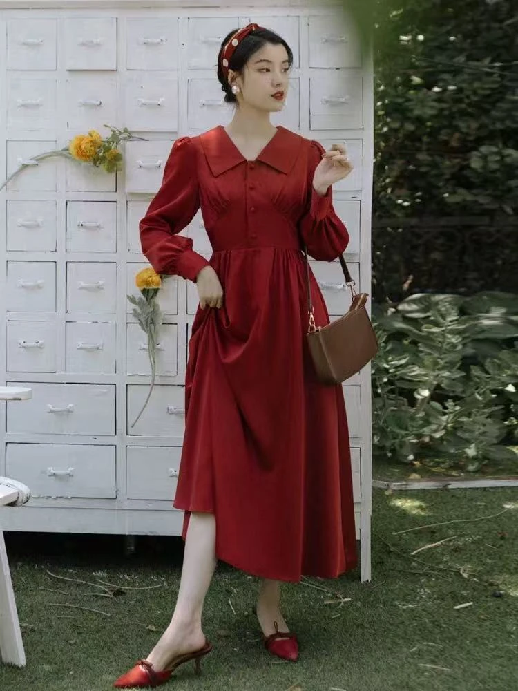 884  翻领连衣裙显瘦减龄洋气显白气质长袖礼服长裙