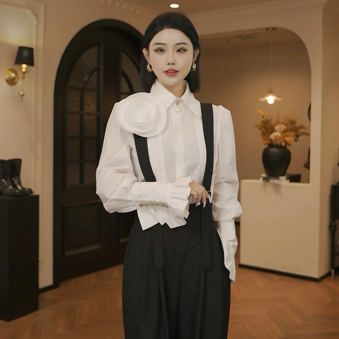 2025女装新款时尚玫瑰花高级感设计师款长袖气质红色显瘦衬衫女