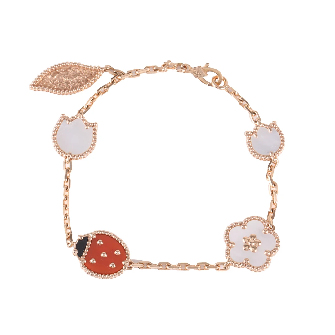 99新 梵克雅宝 【小花念念】Lucky 手链 白贝母/红玉髓缟玛瑙