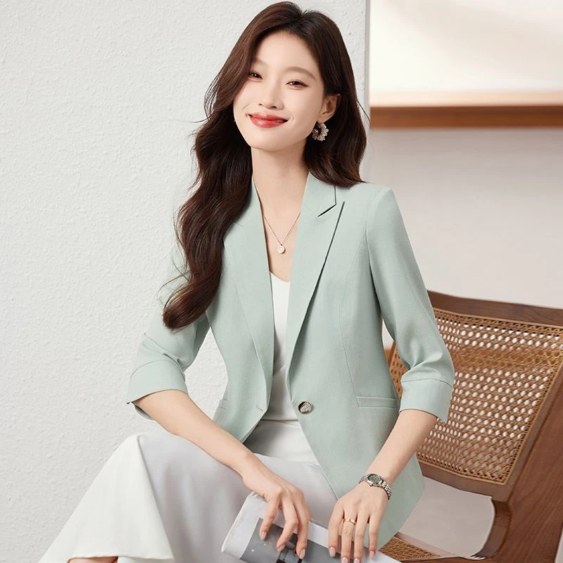 浅绿色薄款西装外套女七分袖小个子2025夏季新款修身百搭短款西服