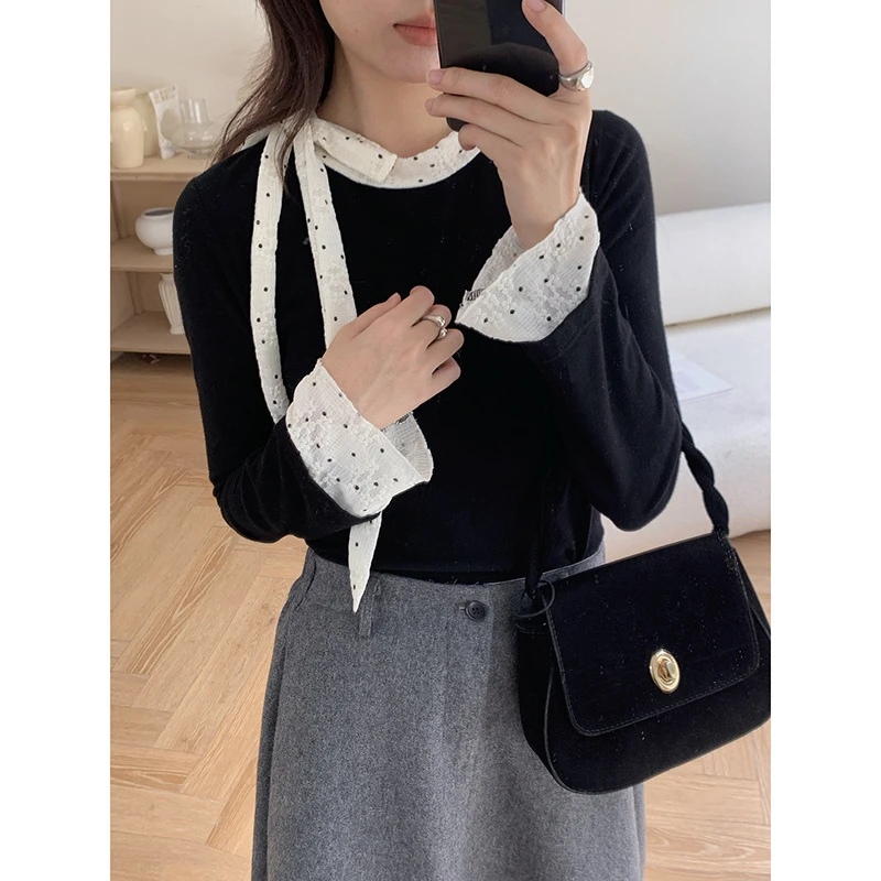 【歌铭】设计感波点蕾丝拼接系带上衣女装冬季新款长袖T恤T2025F