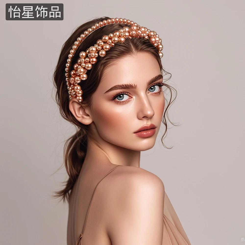 怡星高级感气质甜美双层发箍香槟色珍珠可爱公主风复古头饰A07