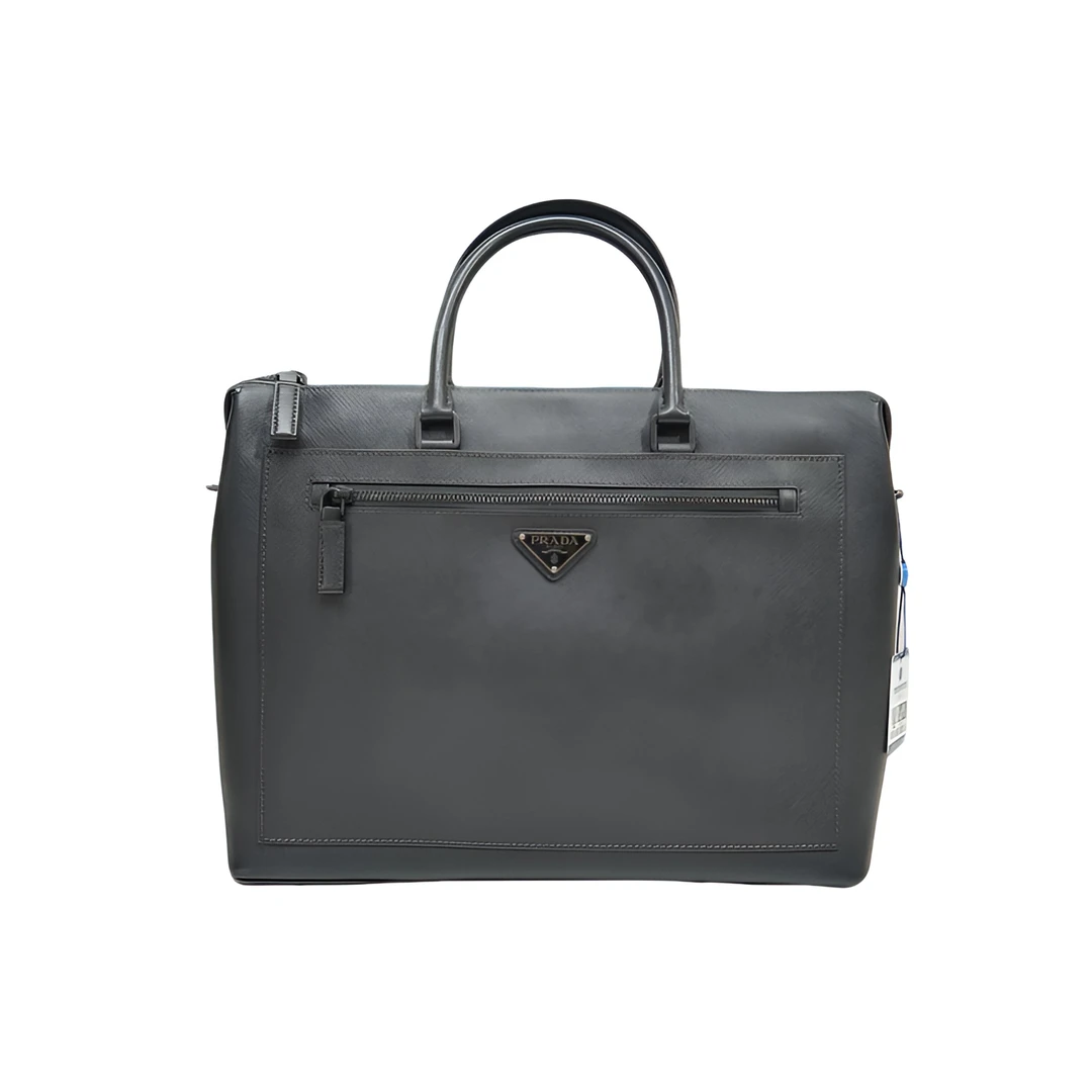 99新 Prada/普拉达 男士经典黑色全皮十字纹手提商务公文包/0750