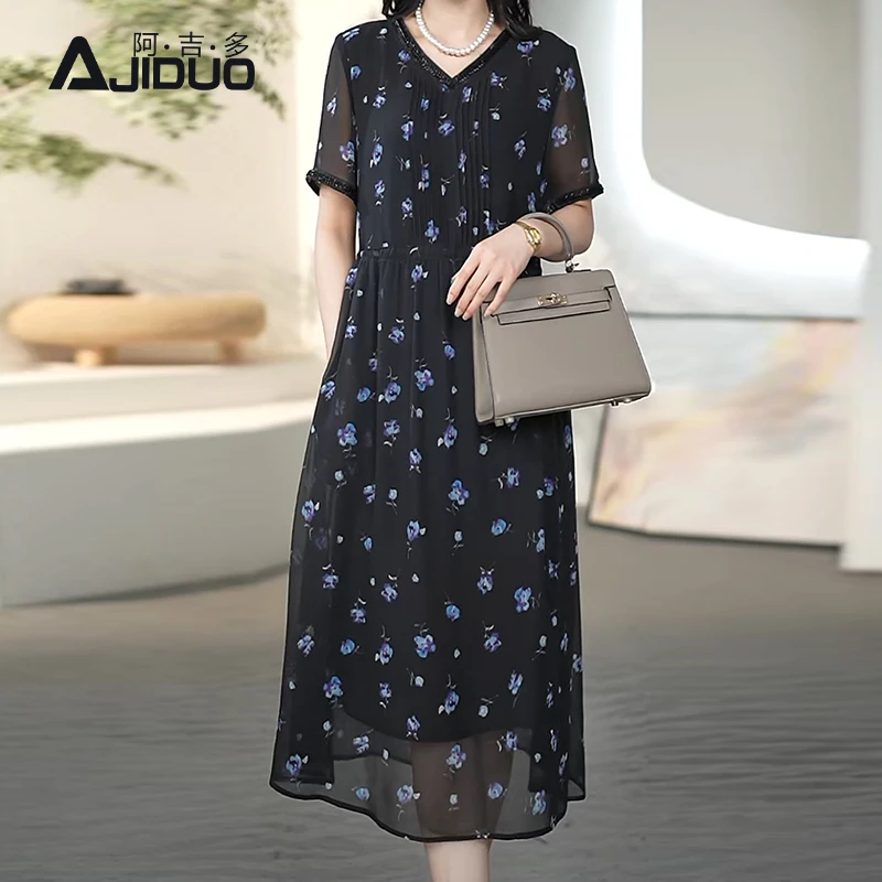 A23030阿吉多短袖连衣裙女夏季新款气质淑女中老年妈妈高级碎花裙