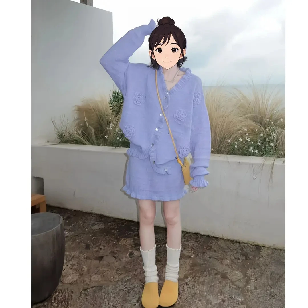 韩系休闲针织套装裙女2025新款立体花朵毛衣开衫外套半身裙两件套