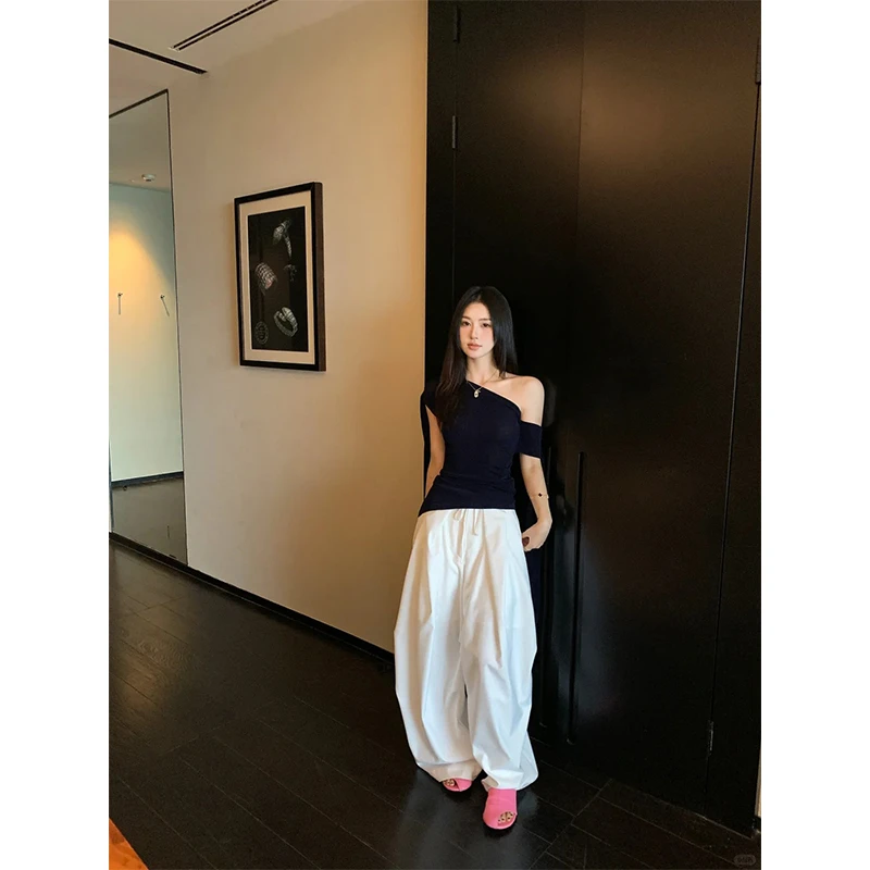 夏季新款斜肩性感简约时尚小众气质设计款上衣百搭休闲显瘦长裤女