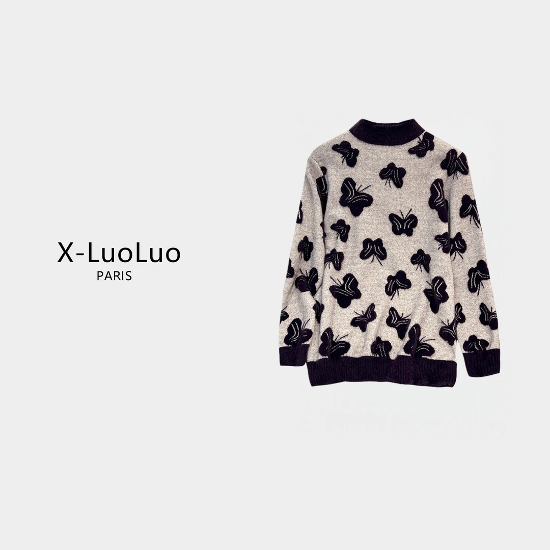 【X-LuoLuo洛洛】时尚半高领蝴蝶提花针织衫上衣宽松套头圆领毛衣女